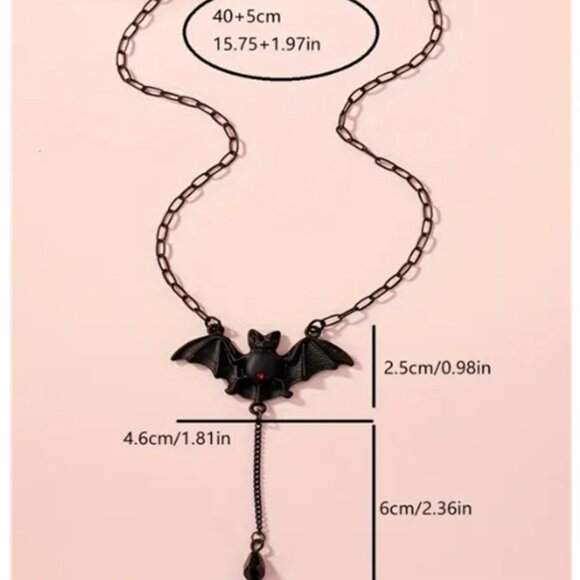 Vintage Gothic Bat Pendant Necklace Black Chain with Red Gemstone Eyes - Picture 3 of 5